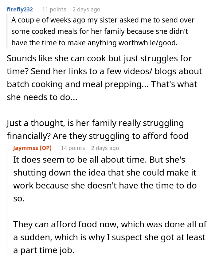 Screenshot of a discussion about traditional wife sister upset over brother doing womanly things and refusing to cook.