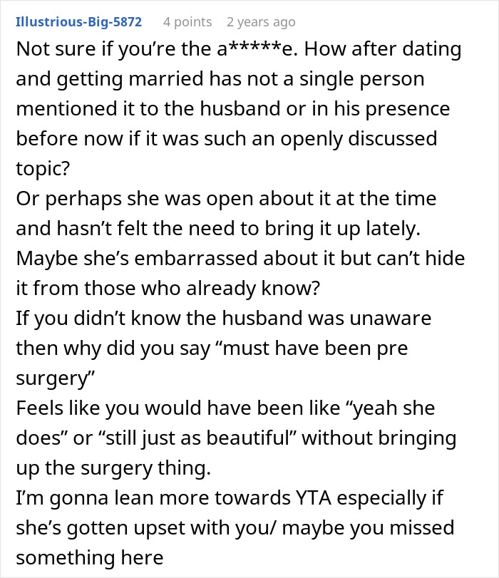Comment discussing the impact of exposing a friend's secret about surgery on their friendship and husband.