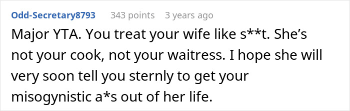 Comment criticizing a man for expecting his wife to cook after repeatedly inviting guests, highlighting a reality check from the internet.