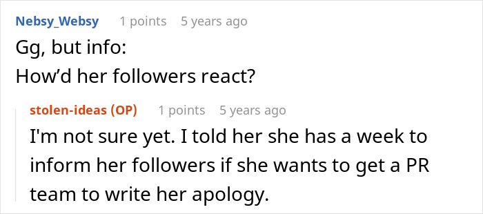 Online conversation about woman stealing sister-in-law’s book, followers' reactions, and potential apology from PR team.