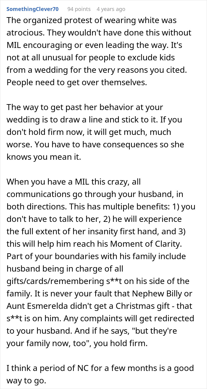 Screenshot of a Reddit comment discussing mother-in-law behavior ruining a wedding and ways to set boundaries. Screenshot of a Reddit comment discussing mother-in-law behavior ruining a wedding and ways to set boundaries.
