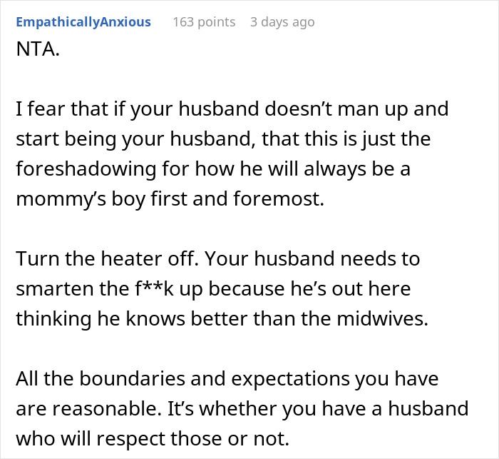 Comment highlighting a pregnant woman demanding husband respect and setting boundaries during pregnancy.