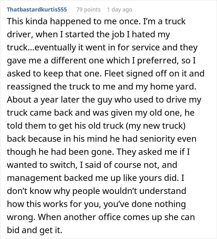 Comment about a woman expecting her private office back after working from home for 2 years, facing a reality check. Comment about a woman expecting her private office back after working from home for 2 years, facing a reality check.