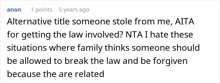 Screenshot of an online comment discussing a woman stealing her SIL’s book and facing legal consequences.