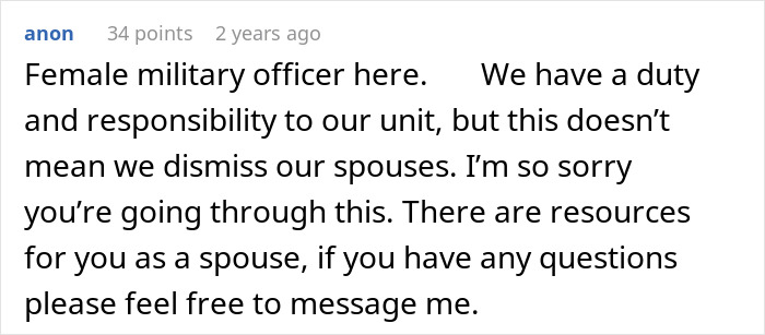 Comment from a female military officer offering support and resources to spouses dealing with difficult situations. Comment from a female military officer offering support and resources to spouses dealing with difficult situations.