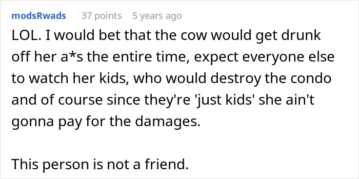 Alt text: Online comment criticizing a friend who doesn't understand why clingy children aren't welcome on vacation. Alt text: Online comment criticizing a friend who doesn't understand why clingy children aren't welcome on vacation.