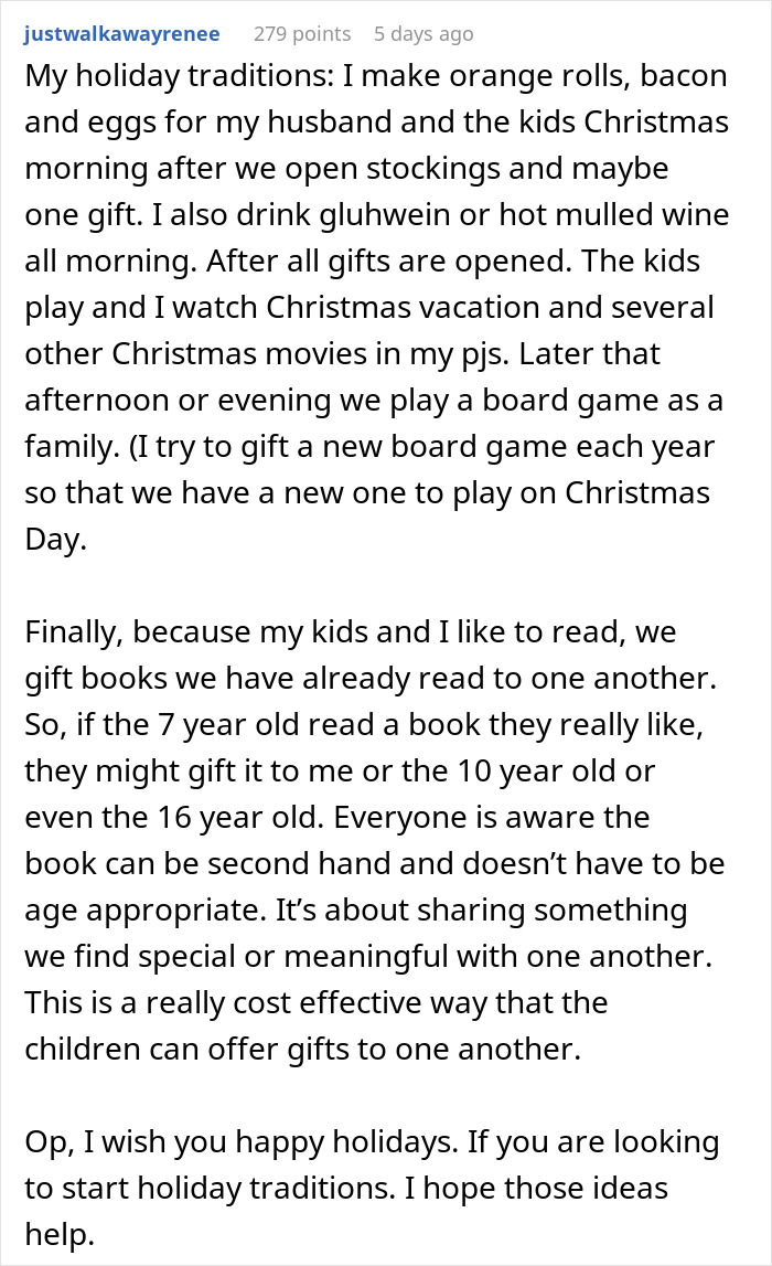 Screenshot of a Reddit post sharing family holiday traditions, reflecting on a woman excluding sick DIL from holiday.