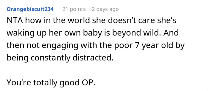 Screenshot of an online comment discussing babysitting challenges and a friend's inattentiveness while watching a child.