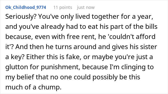 Screenshot of a Reddit comment discussing a guy giving his sister a key to his girlfriend’s house causing frustration.
