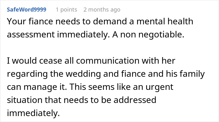 Screenshot of a forum comment advising a fiance to demand a mental health assessment over secret wedding invites. Screenshot of a forum comment advising a fiance to demand a mental health assessment over secret wedding invites.