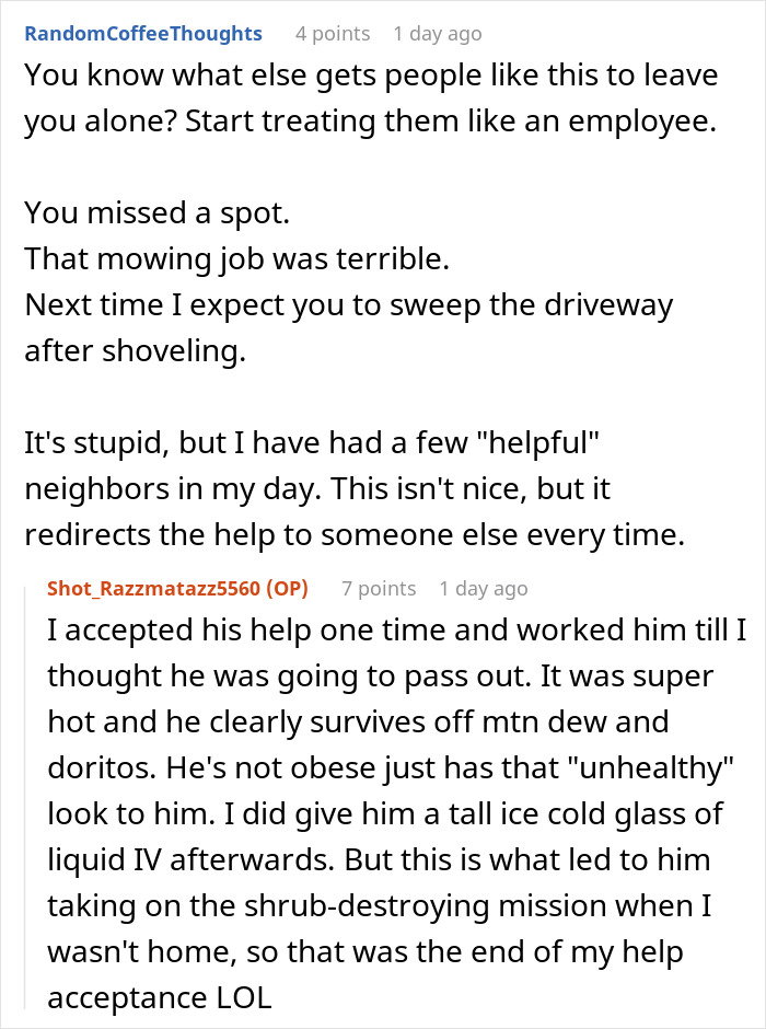 Reddit conversation about neighbors offering unwanted help and a woman using a car panic alarm for revenge early in the morning. Reddit conversation about neighbors offering unwanted help and a woman using a car panic alarm for revenge early in the morning.
