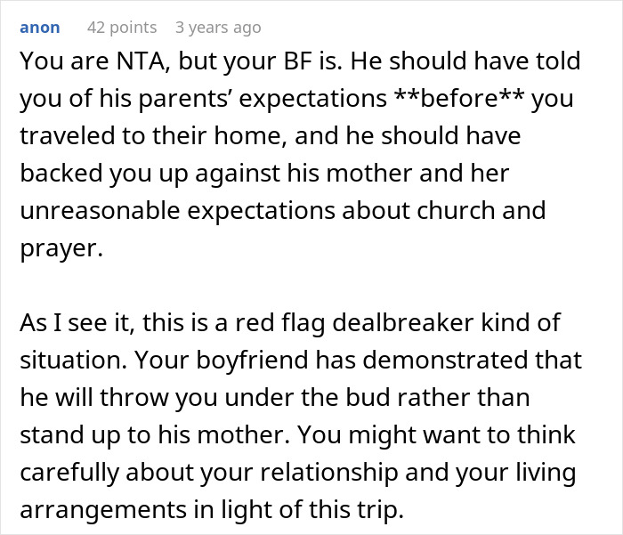 Comment discussing MIL making son's girlfriend sleep separately due to church and prayer expectations, highlighting relationship concerns.