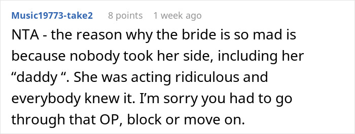 Comment explaining why the bride is mad about cousin’s dress at the wedding, advising to block or move on.
