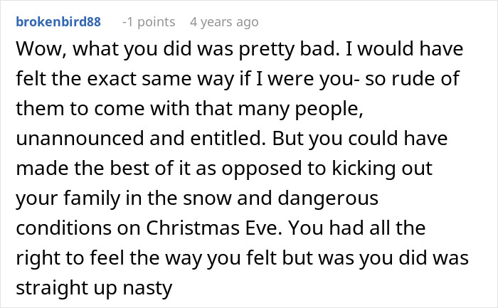 Reddit comment criticizing family for unannounced Christmas surprise visit at 1 a.m., highlighting family conflict and being kicked out.