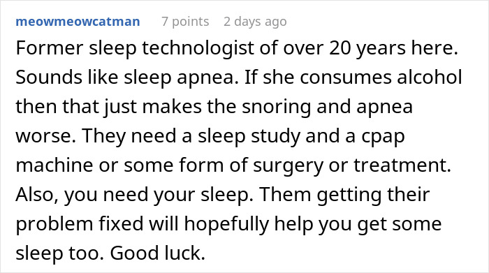 Comment from former sleep technologist advising on roommate’s snoring as a cause of sleep disruption and suggesting treatment options.