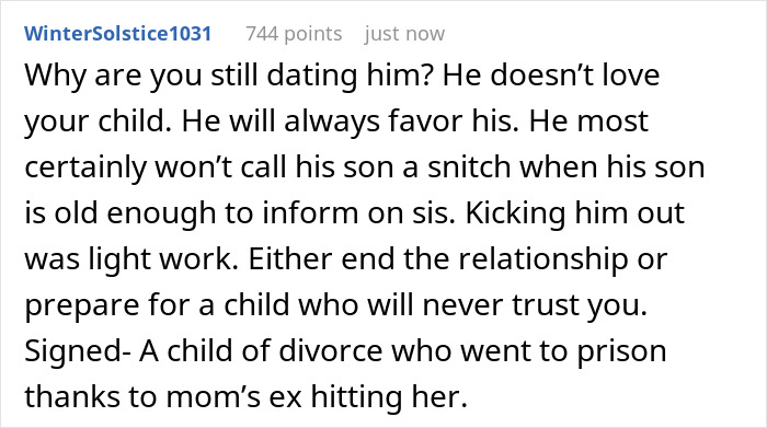 Comment highlighting boyfriend and daughter snitch drama, urging to end the relationship for trust issues.