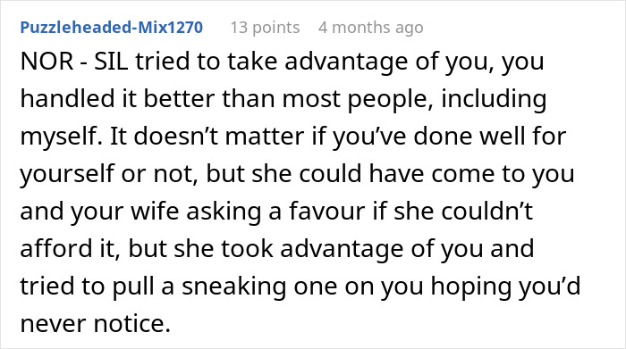 Comment discussing a rich man refusing to pay for a cake his sister-in-law ordered behind his back.