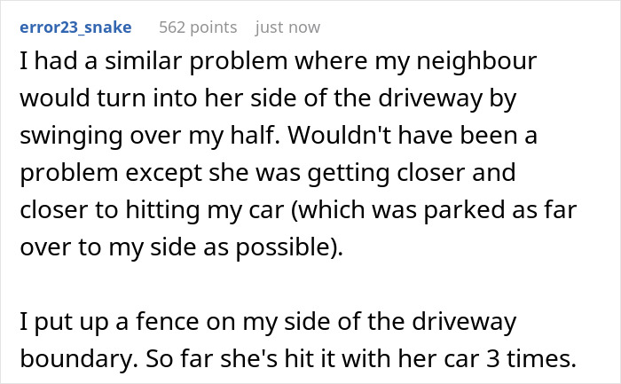 Comment describing a neighbor's parking issue involving a male refusing to park correctly and resulting revenge actions. Comment describing a neighbor's parking issue involving a male refusing to park correctly and resulting revenge actions.