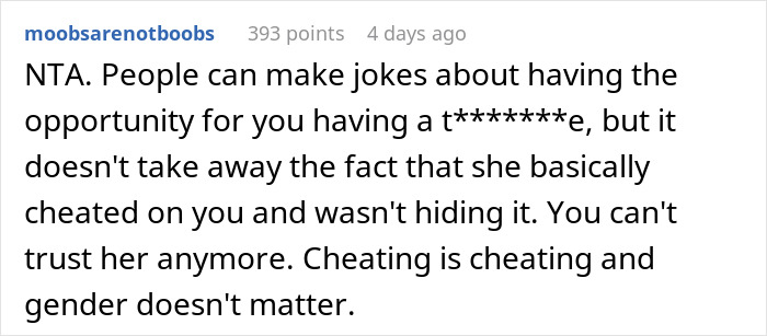 Comment discussing cheating and trust issues after girlfriend kisses another woman in front of friends, causing breakup tension. Comment discussing cheating and trust issues after girlfriend kisses another woman in front of friends, causing breakup tension.