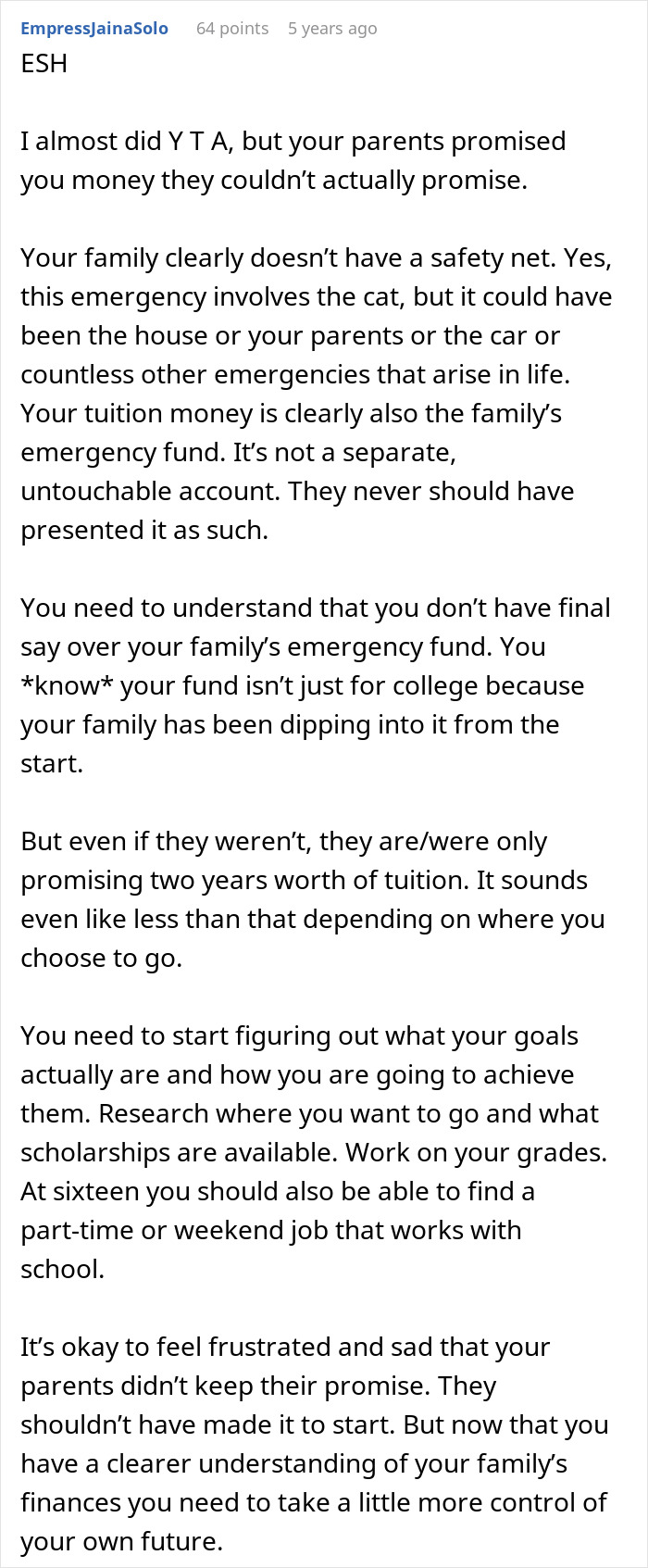 Screenshot of a Reddit comment discussing parents using a 16YO's college fund for cat surgery and the teen's reaction. Screenshot of a Reddit comment discussing parents using a 16YO's college fund for cat surgery and the teen's reaction.