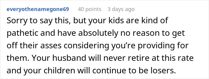Comment discussing husband retirement challenges and how children’s lack of support affects family finances. Comment discussing husband retirement challenges and how children’s lack of support affects family finances.