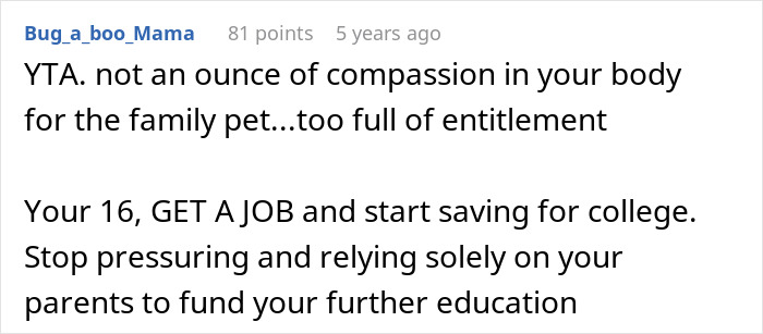 Comment discussing a teen refusing parents’ plan to use $3k from college fund for the cat’s surgery. Comment discussing a teen refusing parents’ plan to use $3k from college fund for the cat’s surgery.