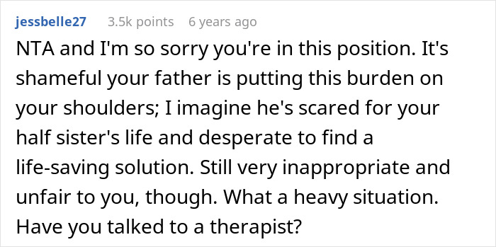 Comment expressing sympathy for woman refusing to pay for dad’s lovechild’s surgery with inheritance money.