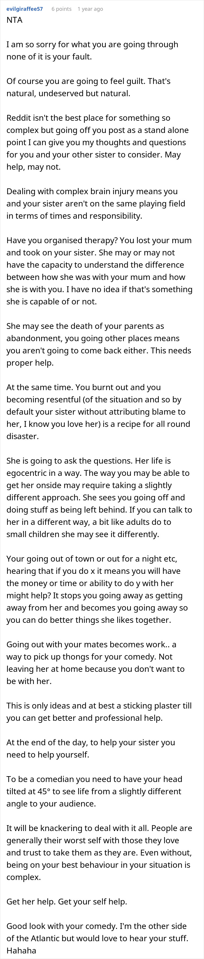 Screenshot of a Reddit post discussing caretaker frustration and guilt trips after years of sacrificing career for sibling care. Screenshot of a Reddit post discussing caretaker frustration and guilt trips after years of sacrificing career for sibling care.