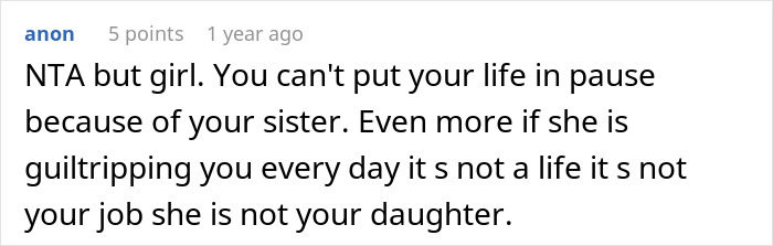 Screenshot of an online comment discussing a caretaker frustrated by constant guilt trips from her sister. Screenshot of an online comment discussing a caretaker frustrated by constant guilt trips from her sister.
