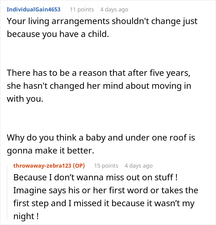 Screenshot of an online discussion about a pregnant girlfriend refusing to move in together despite having a child.