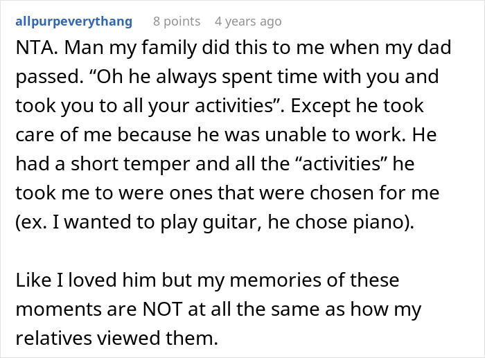 Comment reflecting on selfish dad demanding apology after ruining daughter's Christmas memory, sharing personal family experience.