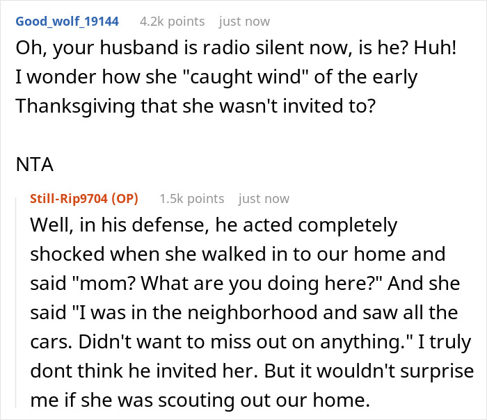 Comments on forum showing MIL hogging Thanksgiving food and pouting when confronted by daughter-in-law.