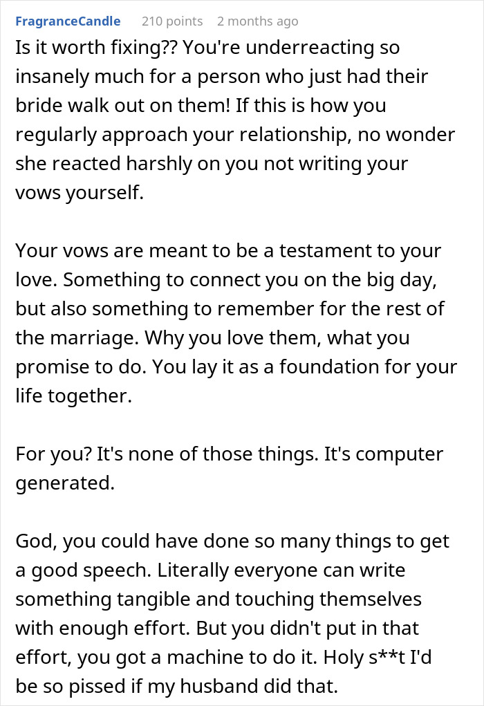 Reddit comment criticizing guy who used ChatGPT to write wedding vows after bride ran away from altar. Reddit comment criticizing guy who used ChatGPT to write wedding vows after bride ran away from altar.