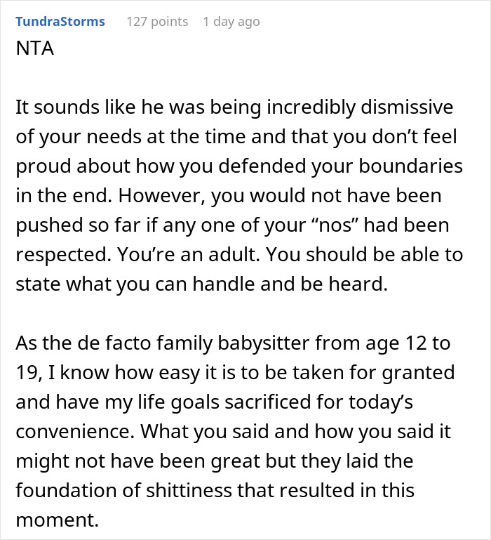 Reddit comment explaining boundaries and frustration of being treated as a free babysitter in a family situation.