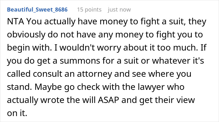 Reddit comment advising to consult an attorney about entitled siblings and a contested will dispute.