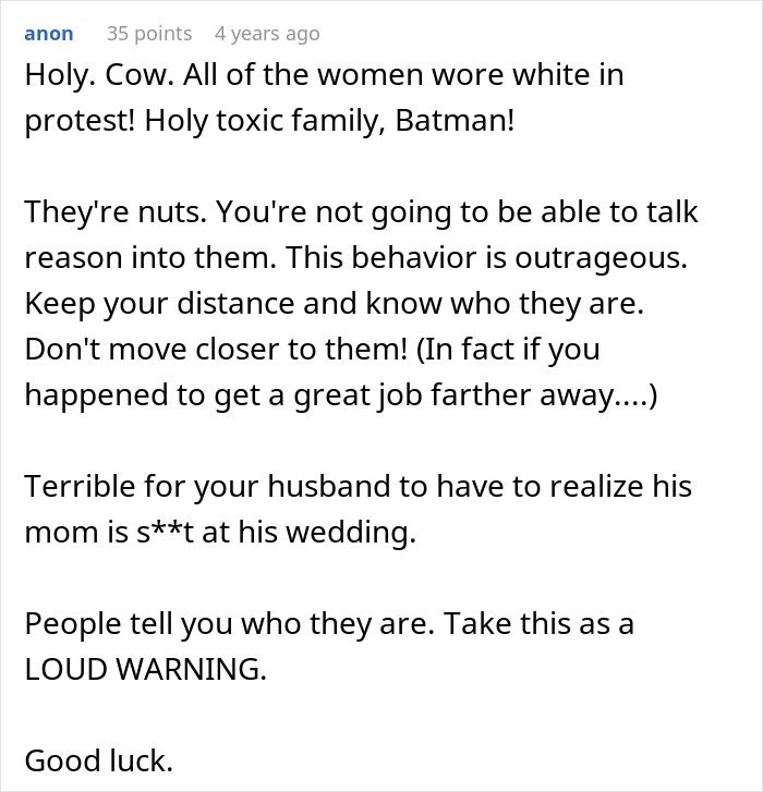 Comment expressing shock at toxic family behavior and mom ruining the son's wedding, advising to keep distance. Comment expressing shock at toxic family behavior and mom ruining the son's wedding, advising to keep distance.