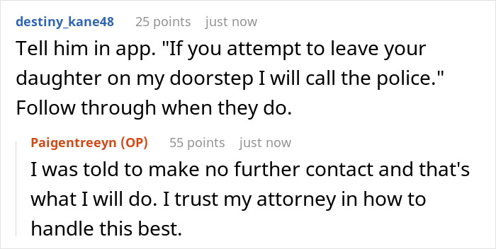 Screenshot of a Reddit conversation about a guy cheating and the demand for babysitting his affair child, with attorney advice. Screenshot of a Reddit conversation about a guy cheating and the demand for babysitting his affair child, with attorney advice.