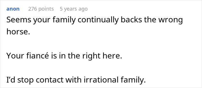 Comment on a forum post about a fiancé threatening to take the bride’s brother to court, causing family conflict. Comment on a forum post about a fiancé threatening to take the bride’s brother to court, causing family conflict.