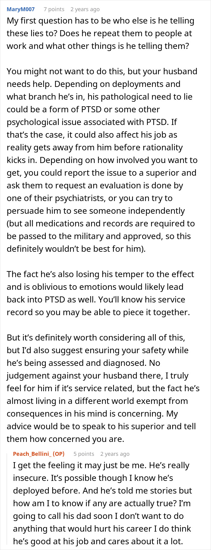 Alt text: Reddit comments discussing a man lying about a master’s degree and the wife uncovering the truth. Alt text: Reddit comments discussing a man lying about a master’s degree and the wife uncovering the truth.