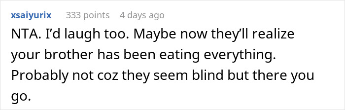 Screenshot of a social media comment about a brother mocking sister’s weight and the brother developing diabetes.