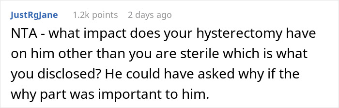 Screenshot of an online discussion about a childfree couple in conflict after a prank reveals a woman’s hysterectomy.