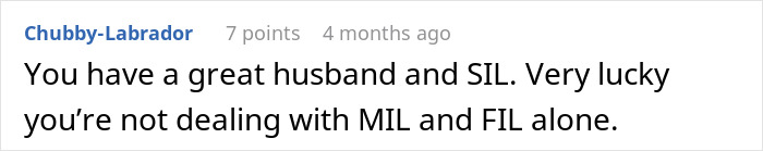 Comment about a husband and sister-in-law appreciating not dealing with mother-in-law and father-in-law alone in family dynamics. Comment about a husband and sister-in-law appreciating not dealing with mother-in-law and father-in-law alone in family dynamics.