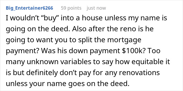 Screenshot of a forum comment discussing a $100k renovation dispute involving a ring and financing in a relationship. Screenshot of a forum comment discussing a $100k renovation dispute involving a ring and financing in a relationship.