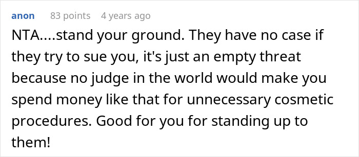 Comment on forum post defending woman suing half-brother over use of family health fund for plastic surgeries. Comment on forum post defending woman suing half-brother over use of family health fund for plastic surgeries.