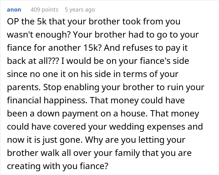 Comment discussing bride’s family conflict after fiancé threatens legal action over brother’s financial dispute. Comment discussing bride’s family conflict after fiancé threatens legal action over brother’s financial dispute.
