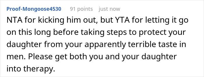 Comment on a forum about boyfriend and daughter snitch drama, advising therapy and protection steps.