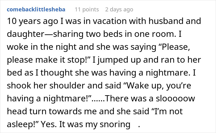 Screenshot of a social media post describing a woman kept awake by her roommate’s snoring, causing sleep issues.