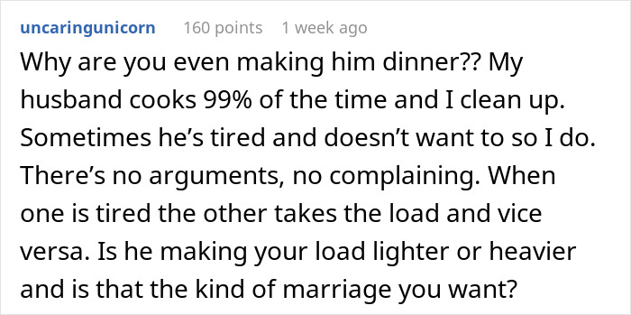Comment highlighting frustration about a guy leaving domestic chores to his wife and expecting dinner served, reflecting on shared household responsibilities. Comment highlighting frustration about a guy leaving domestic chores to his wife and expecting dinner served, reflecting on shared household responsibilities.
