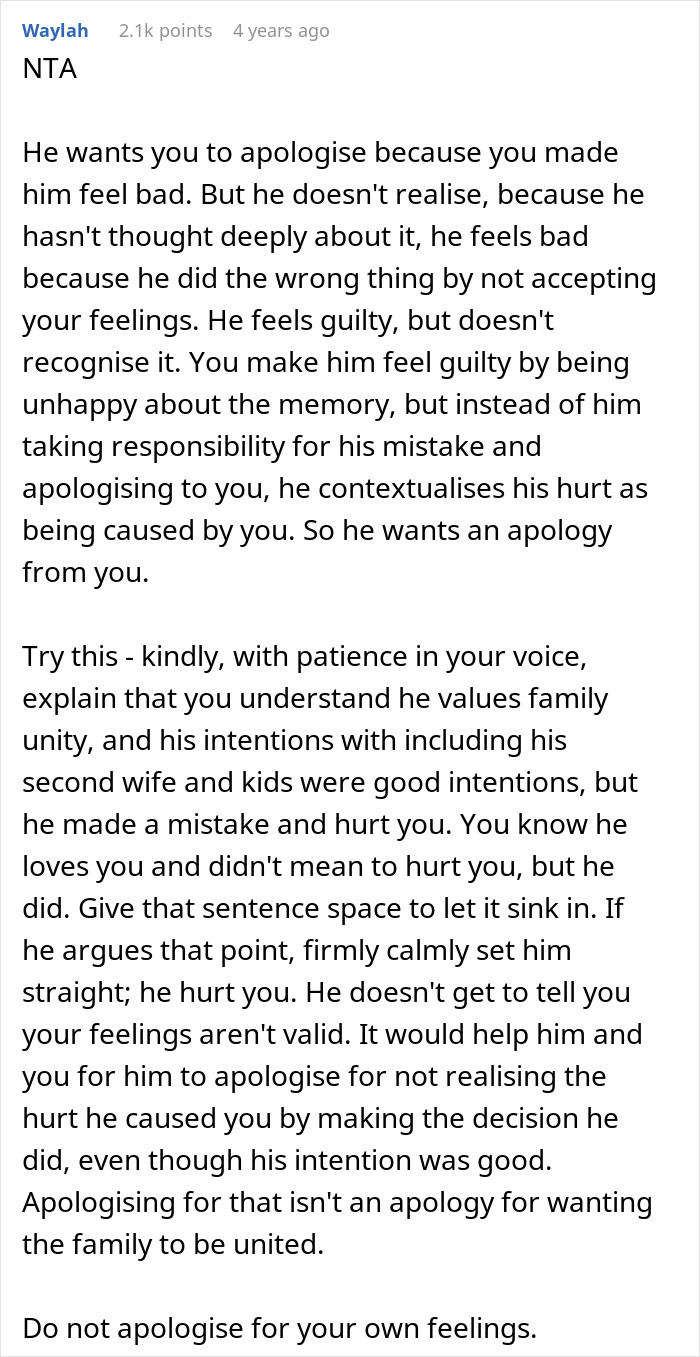 Reddit comment explaining why a selfish dad demands apology after ruining a daughter’s Christmas memory.