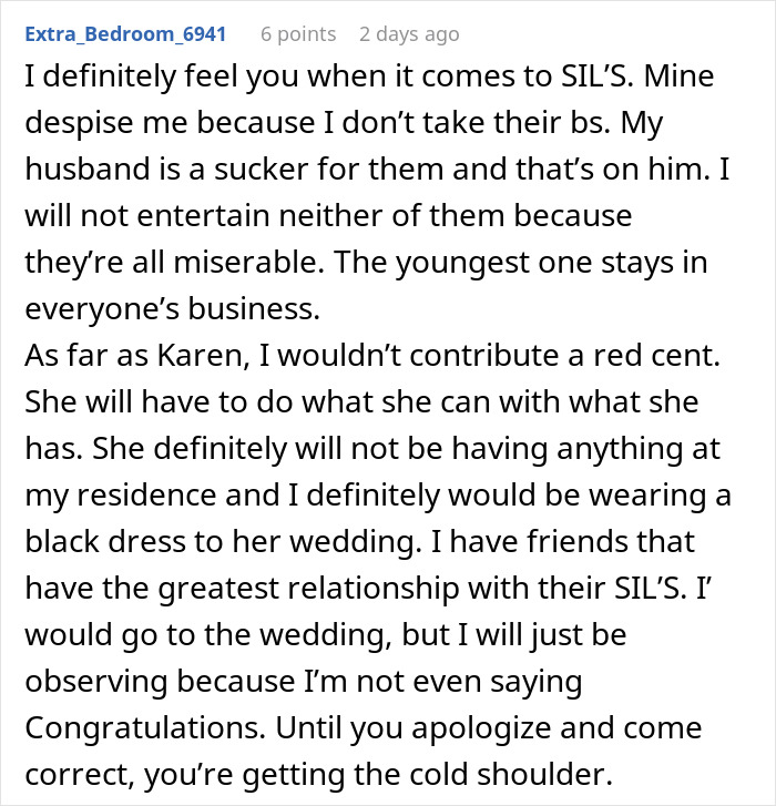 Comment text discussing family conflicts and attitudes toward in-laws in an online forum about cheap behavior and birthday gifts. Comment text discussing family conflicts and attitudes toward in-laws in an online forum about cheap behavior and birthday gifts.